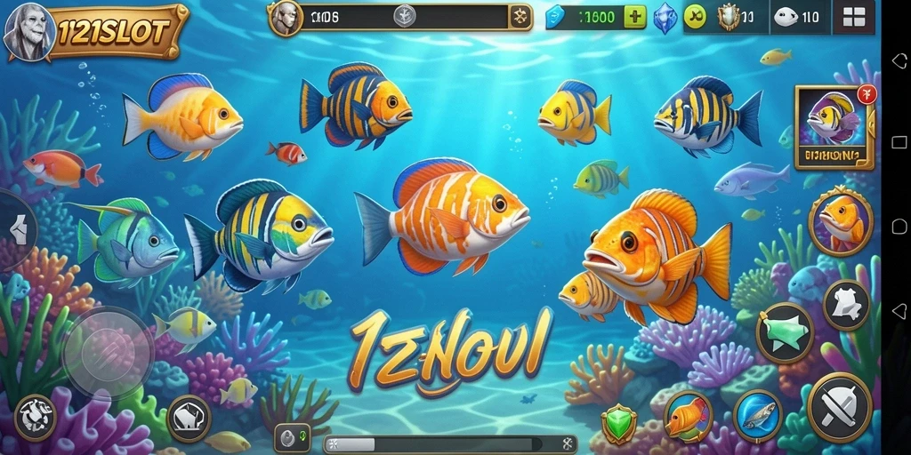Tampilan gameplay seru dalam 1121SLOT dengan aksi menembak ikan.