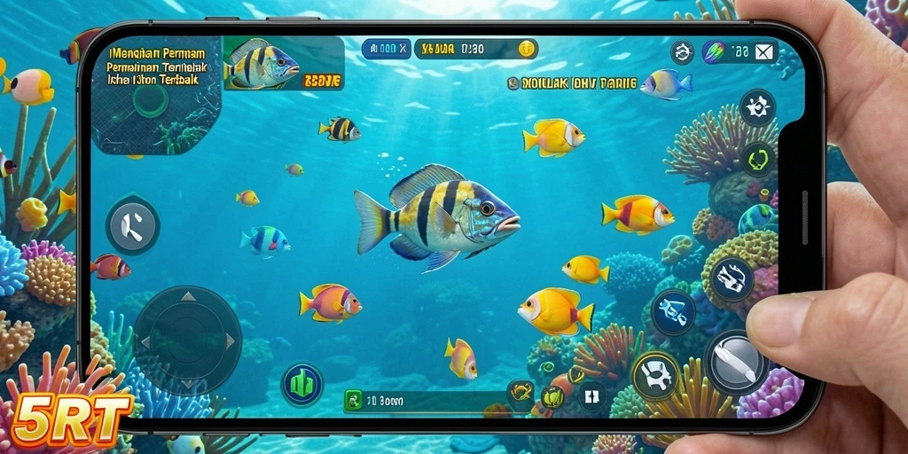 Screenshot gameplay 5RT yang menampilkan aksi menembak ikan.