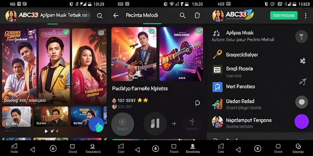Screenshot utama ABC33 menampilkan pengguna menikmati musik dengan antarmuka yang menarik.