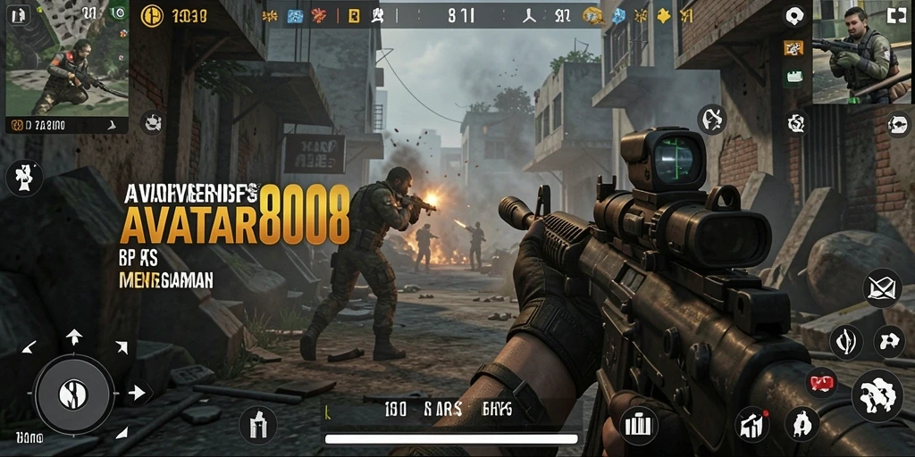 Screenshot utama AVATAR808 menampilkan aksi intens dalam gameplay FPS.
