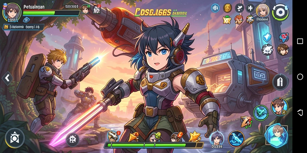 Screenshot utama DS99 menunjukkan aksi pertarungan para karakter Anime.