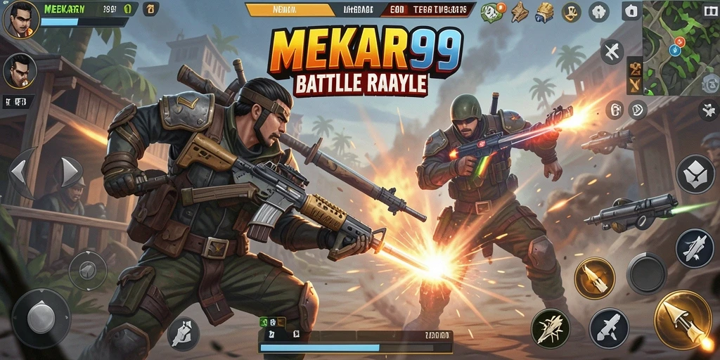 Tangkapan layar utama gameplay MEKAR99 yang menampilkan aksi Battle Royale yang mendebarkan.