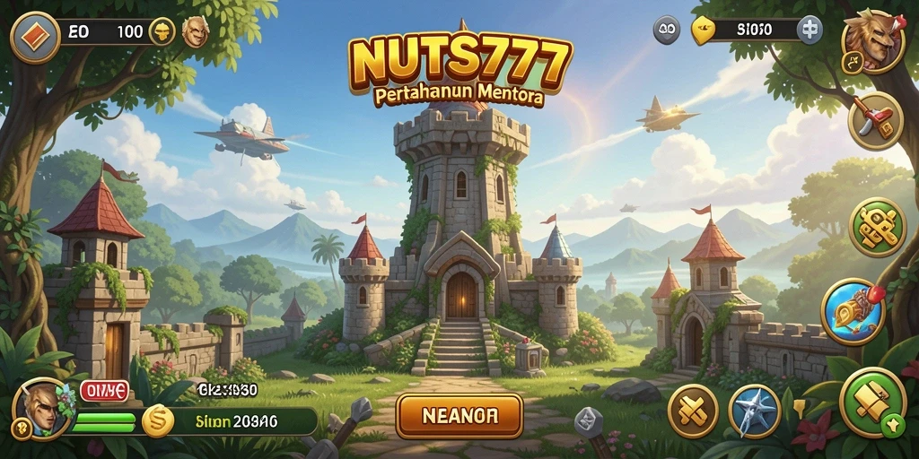 Tangkapan layar gameplay NUTS777 yang menampilkan menara bertahan melawan serangan musuh.